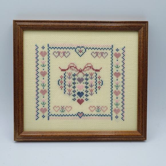 Central Heart Cross Stitch Shape Style is Reminiscent of Folk-Art Samplers 9"x8" - Picture 1 of 3